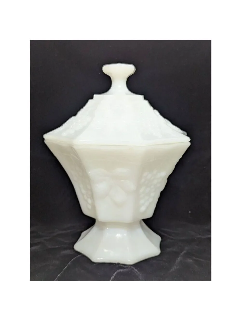Anchor Hocking Milk Glass Lidded Pedestal Octagon Candy Dish Vase Grape Design